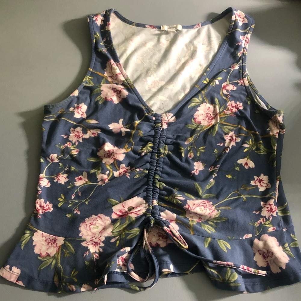 Blue and pink floral sleeveless top with ruching